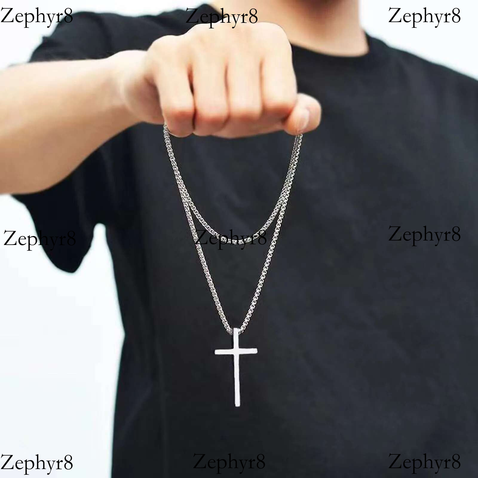 Vnox Necklace for Men Women, Sier Color Plain Cross Pendant Collar with Stainless Steel Box Chain