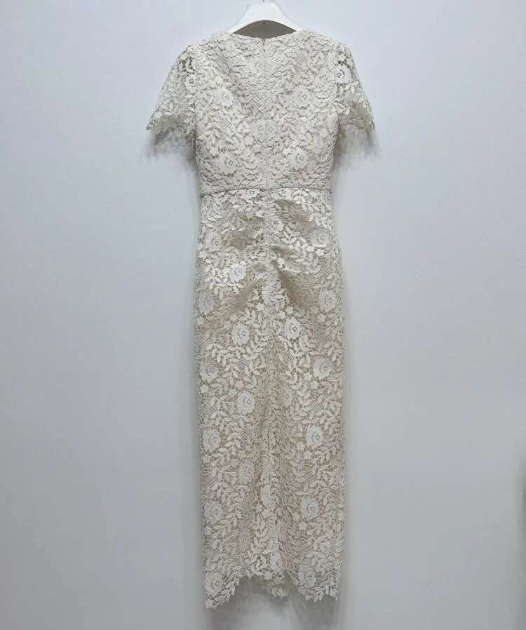 Women's White Sexy One-Word Collar Slim Lace Hollow Waist Lady Elegant Birthday Party Maxi Dress Female