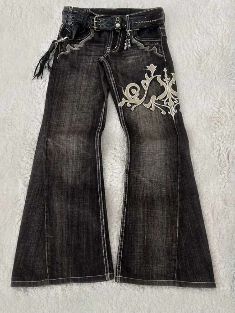 Y2k New American Retro Embroidery Pattern Horn -Shaped Street Fashion Gothic Slim Mop Pants Women Jeans