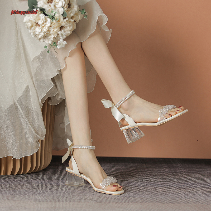 6CM Sandals Lightweight Summer Medium Single Shoes Ribbon Bow Pearl Crystal Heels Fairy Not Tired Feet ddmypanda