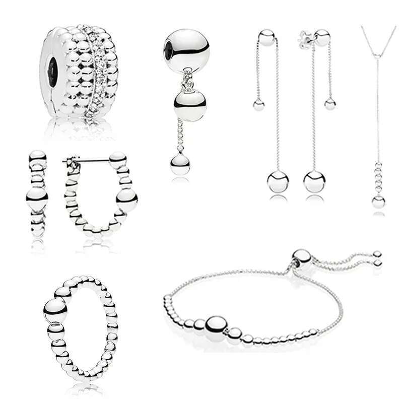 925 Sterling Silver New String Of Beads Collection Ring Hoop Earrings Necklace SLIDING BRACELET Hanging Charm