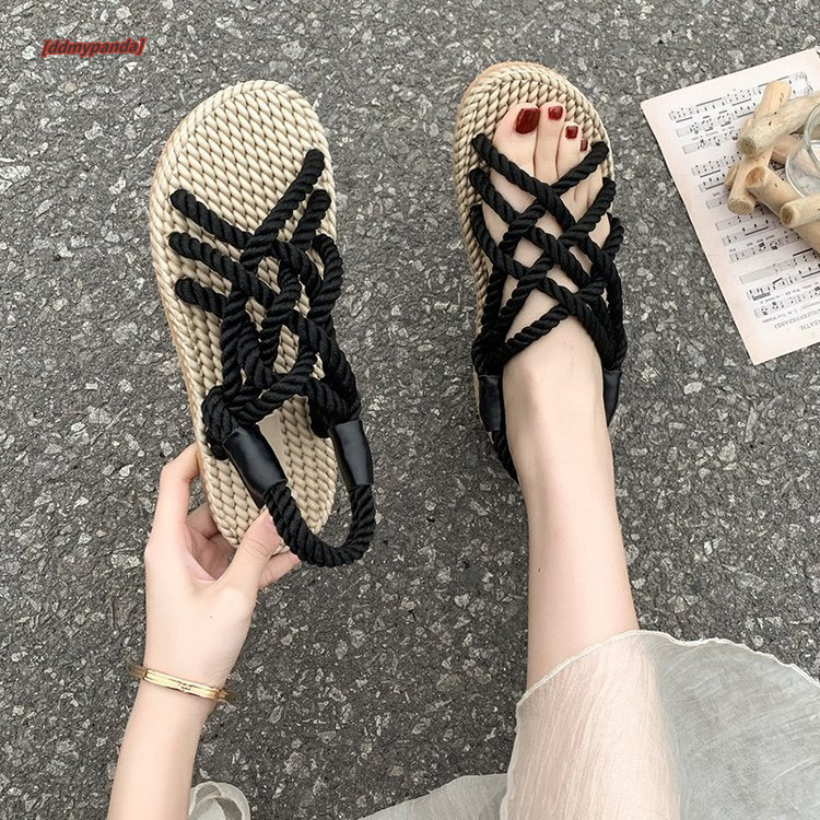 Sandals women's hemp rope weaving 2025 summer new handmade grass shoes, internet famous and versatile, wearing Roman beach sandals for women ddmy