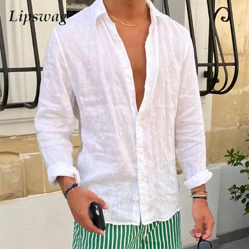 Spring casual linen shirt mens long sleeved button up and down lapel shirt seaside beach retro mens solid color cardigan 250314