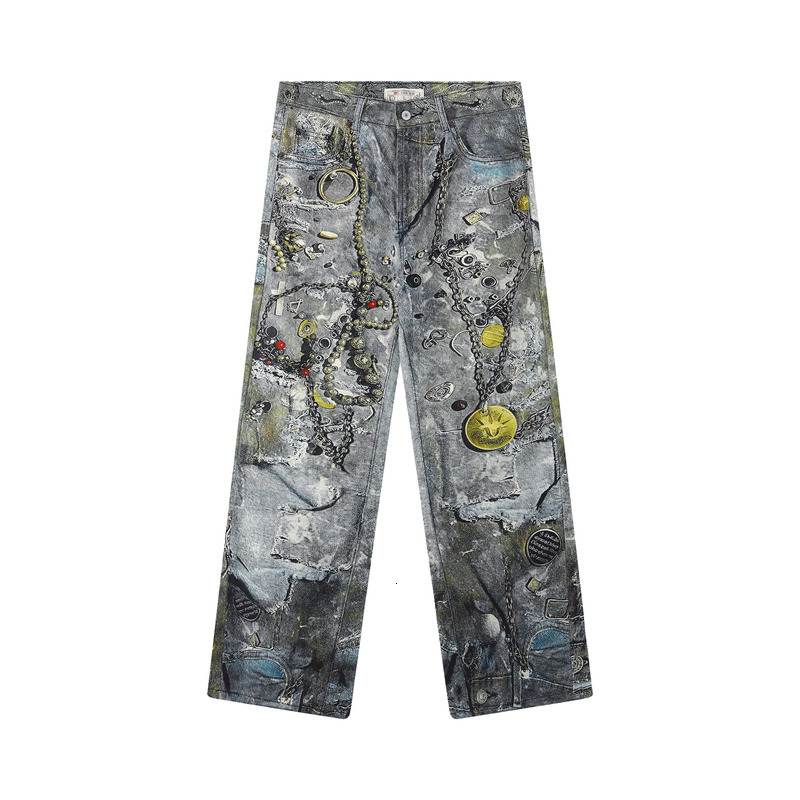 Digital Ink Splattered Ripped Jeans Straight Leg Pants Printed With Heavy-Duty American Style AC Denim Chain