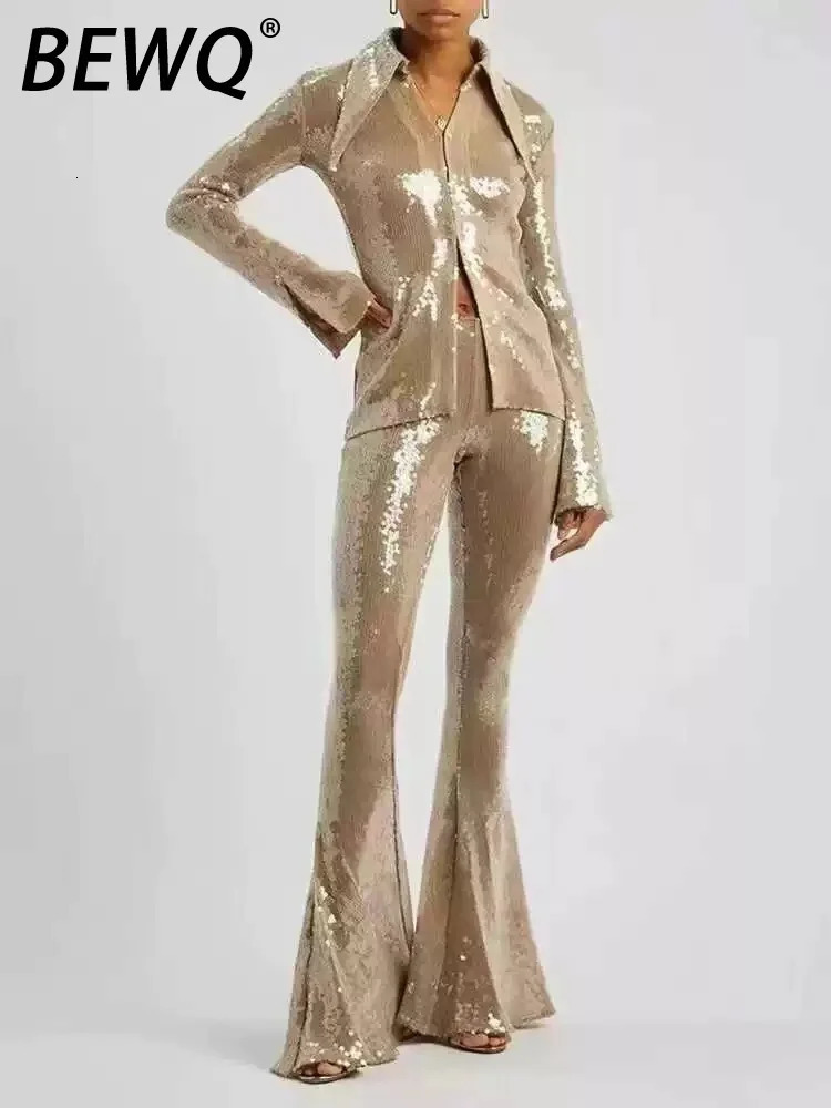 BEWQ Fashion Womens 2piece Set with Collar Shining Sleeves Loose sequin Splicing Work Top High Waist Ultra Thin Pants Elegant Spring Collection 250313