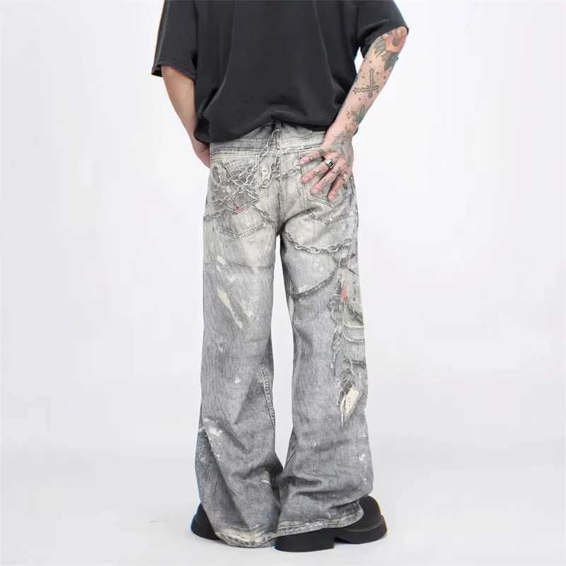 New 3D Chain Printed Baggy Jeans For Men And Women Casual Baggy Straight Denim Pants High Street Wide-leg Y2K Blue JeanT250315