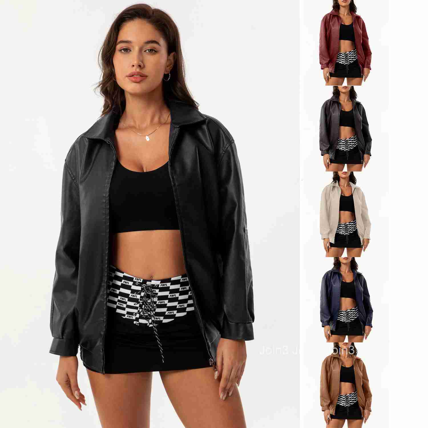 Fashion Loose Fitting Leather Clothes for Women Oversize Womens Jackets Long Sleeved Polo Collar Spring and Autumn Coat