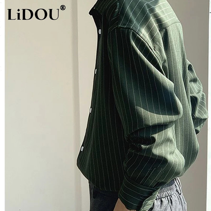Korean Fashion Autumn Shirts Men Business Casual Neat Capable Hipster Street England Style Elegant Stripe Clothes Top 250314