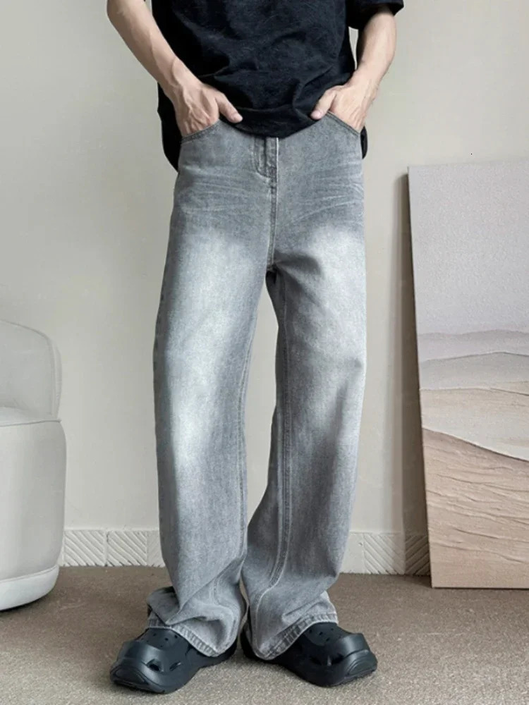 retro grey pocket jeans mens fashion Harajuku casual Y2k pants straight high street mens wide denim Trousers 250314