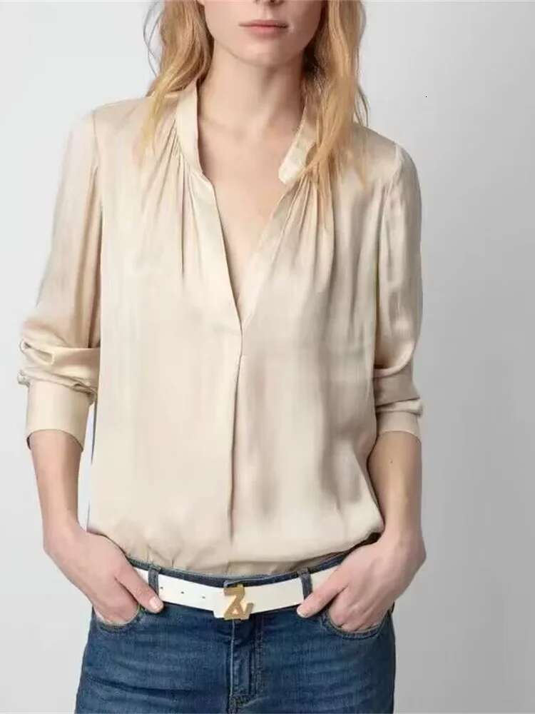 Women Shirt Pleated Irregular Design Style Solid Color V-Neck Simple 2024 Spring Summer Long Sleeve Blouse Top For Female