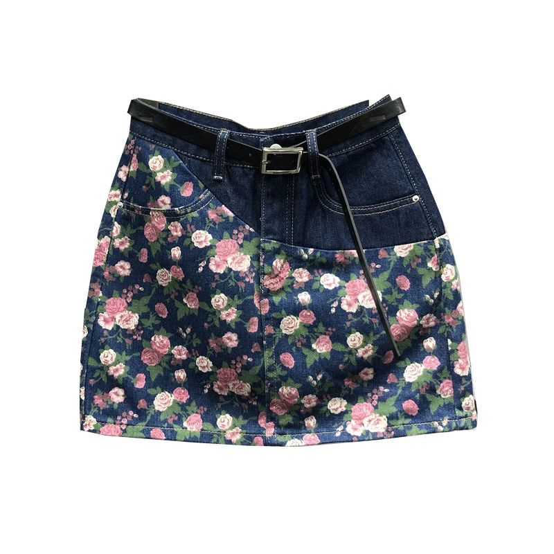 Womens Retro Printed Denim Short Leather High Waist Aline Wrap Hips Jean Shorts Street Slim Patch Work Summer 250310