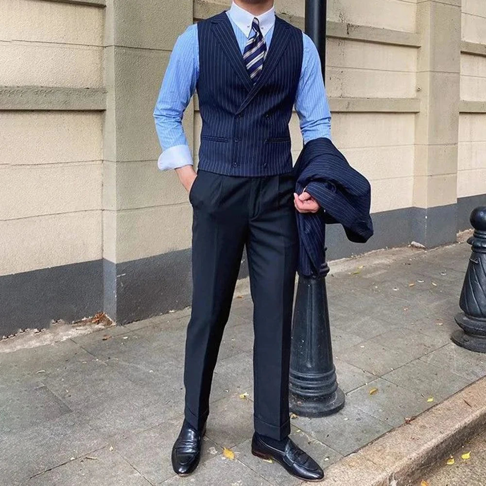 British Style Business Mens Striped Suit Vest Retro Double-breasted Elegant Slim Lapel Casual Mens Vest Retro Waistcoat Trendy 250310