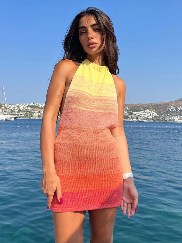 TARUXY Summer Dress For Women Knitting Halter Sleeveless Bodycon Mini Dresses Y2K Sexy Backless Boho Beach Dress Short 250313