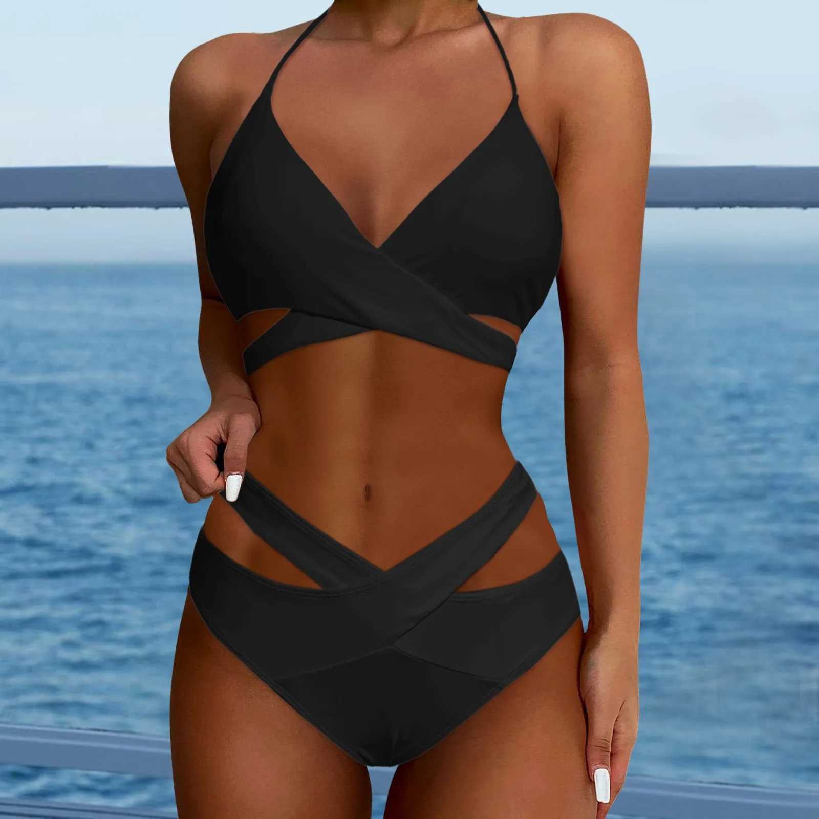 Sexy Hollow Bikini Set SS Pad Push up Swimsuit Solid Color Strap Two Piece Swimsuit for Women BiquiniXJ250315