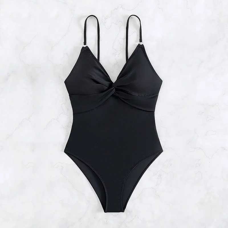 2017 summer black one-piece swimsuit womens solid color bikini sexy V-neck ultra-thin Monokini adjustable shoulder strap SS beach swimsuitXJ250315