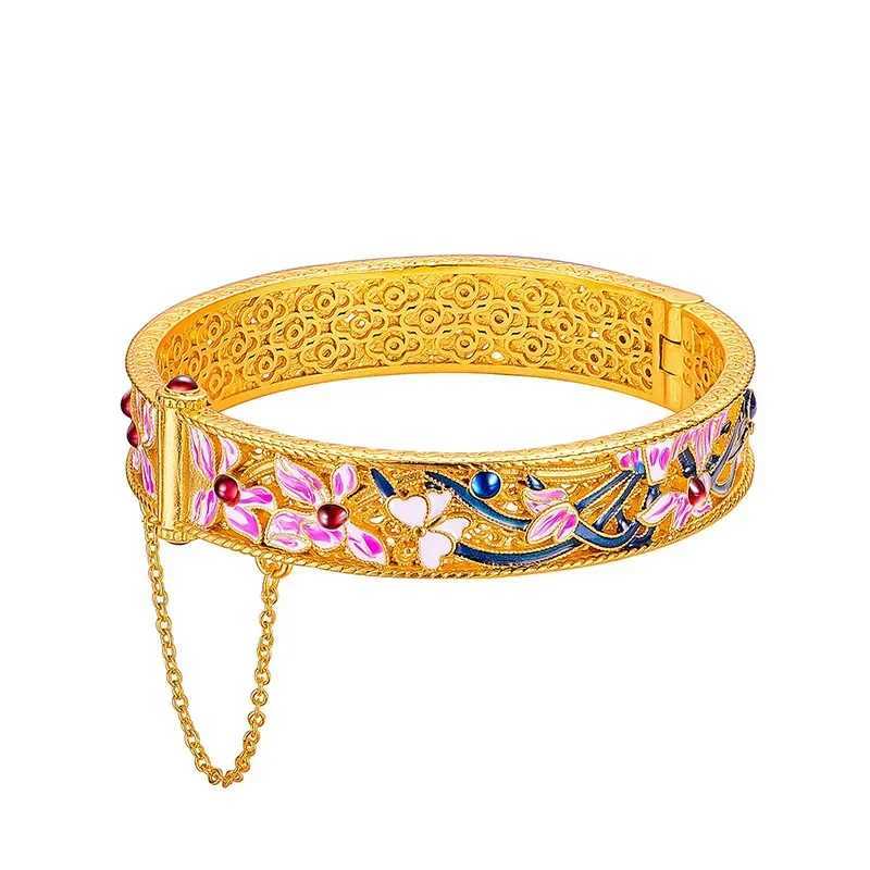 Luxury 24K Gold 9999 Real Gold Orchid Bracelet Enamel Large Bracelet Valentines Day GiftXJ250315