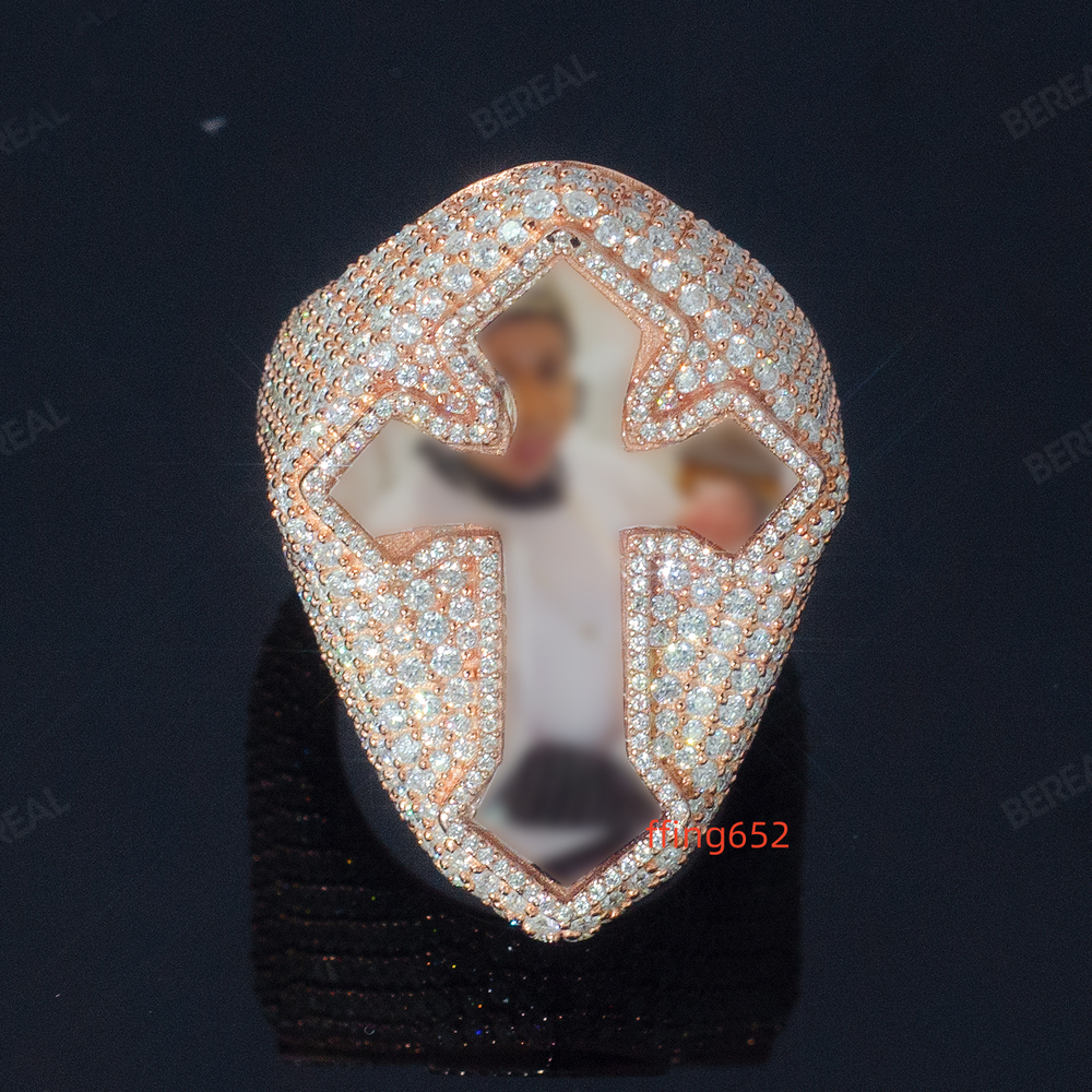 Custom Vvs Moissanite Photo Cross Ring Hip Hop Style Iced Out Diamond 925 Silver Picture Ring Men Women Jewelry