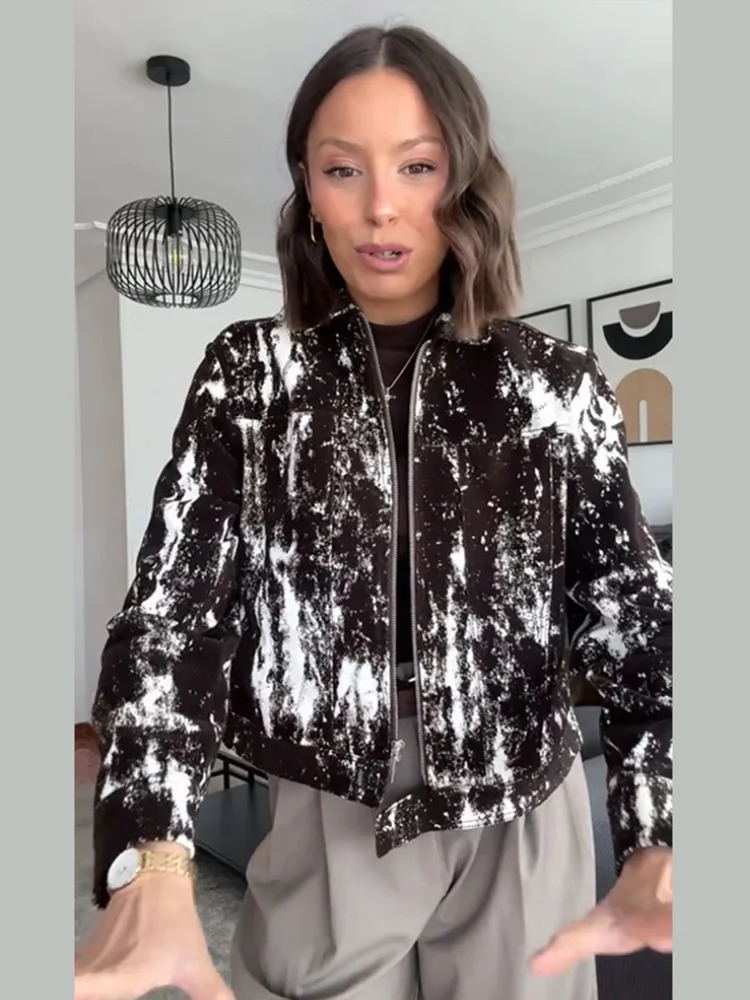 Printed zipper jacket straight pants set for womens casual retro collar high waisted fashion 250313
