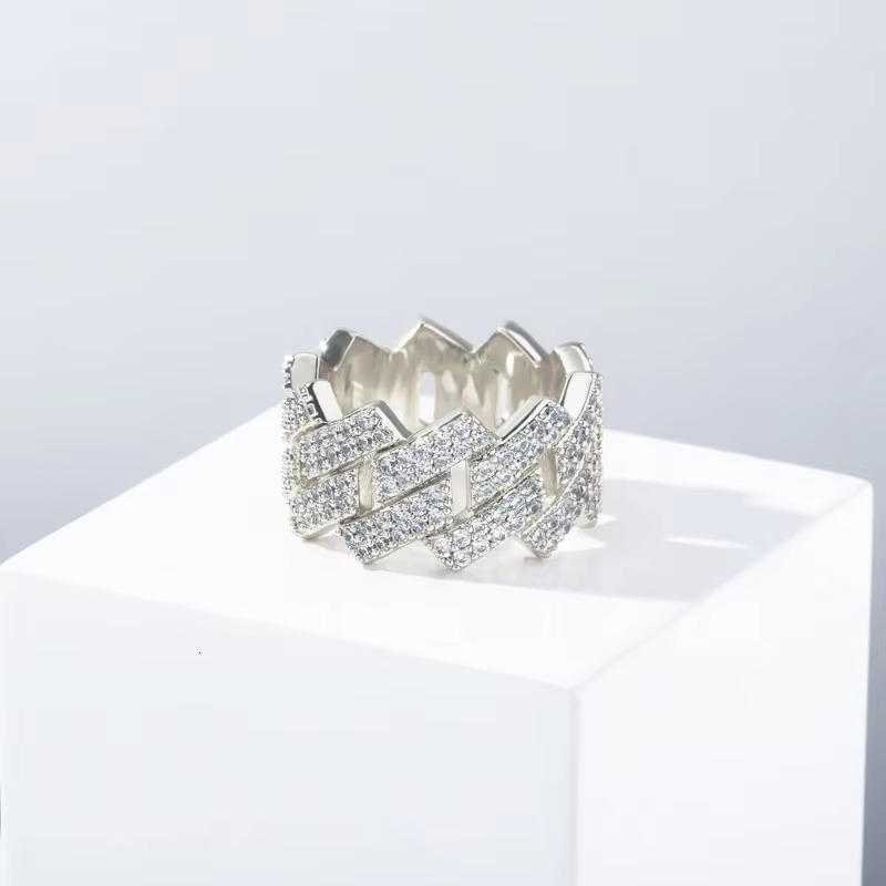 Wholesale Factory Price Moissanite Jewelry 925 Silver Iced Out 2 Row Diamond Cuban Rings Hip Hop Zircon Ring