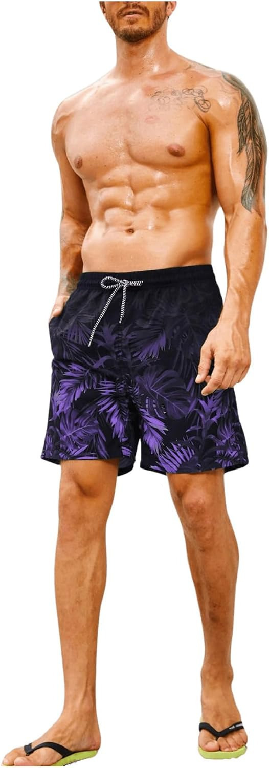 Men's Tropical Print Drawstring Waist Swim Trunks Beach Shorts Printed fashionable beach shorts