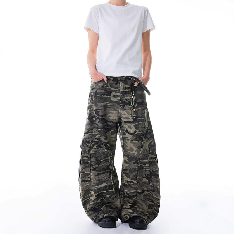 American Camouflage Work For Men And Women, Loose Wide Curved Jeans, Trendy Multi Pocket Straight Leg Long Pants