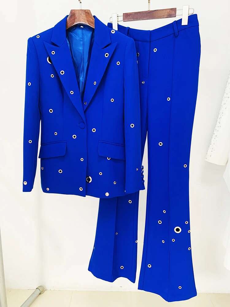 HIGH STREET 2024 FW Designer Fashion Runway Suit Stylish Rivet Metal Holes Slim Fit Blazer Flare Pants 2Pcs Set