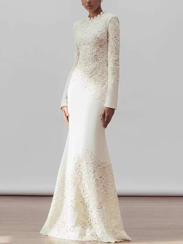 QMQA Fashion Women's Elegant Dresses Hook Wer Hollow Out Long-Sleeve High Waist Fishtail Maxi Dress 2025 Spring New 1A608