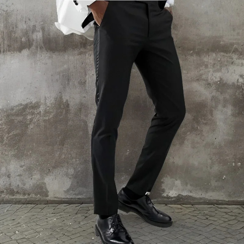 Suit Pants with Side Satin Stripe 1 Piece Slim Fit Formal Male Black Trousers Official Business Fashion for Wedding Prom 250313