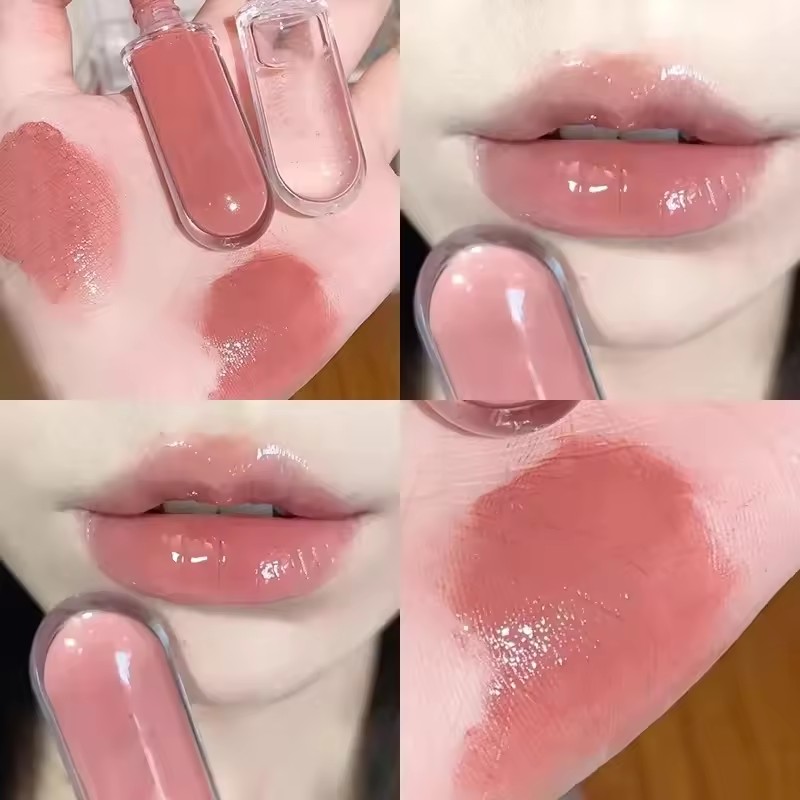 Double head lip glaze milk tea color lipstick, transparent mirror surface, long-lasting non-stick cup water gloss lip gloss