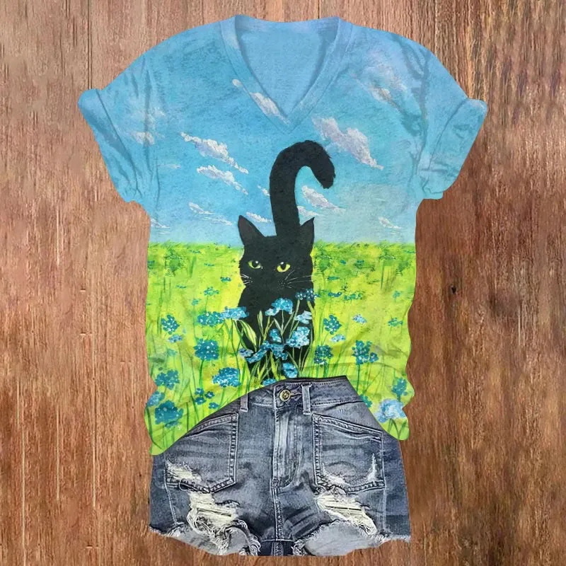 Hot Selling Printed Short Sleeved Style 3D Digital Cat Print Women's Clothing Simple V-Neck T-Shirt For Women