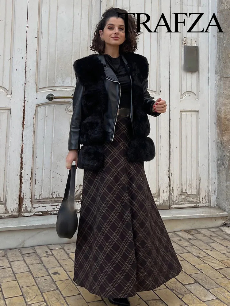 TRAFZA Women Spring Elegant High Waist Plaid Midi Skirt Versatile Pleated Woman Chic Casual Vintage Straight 250310
