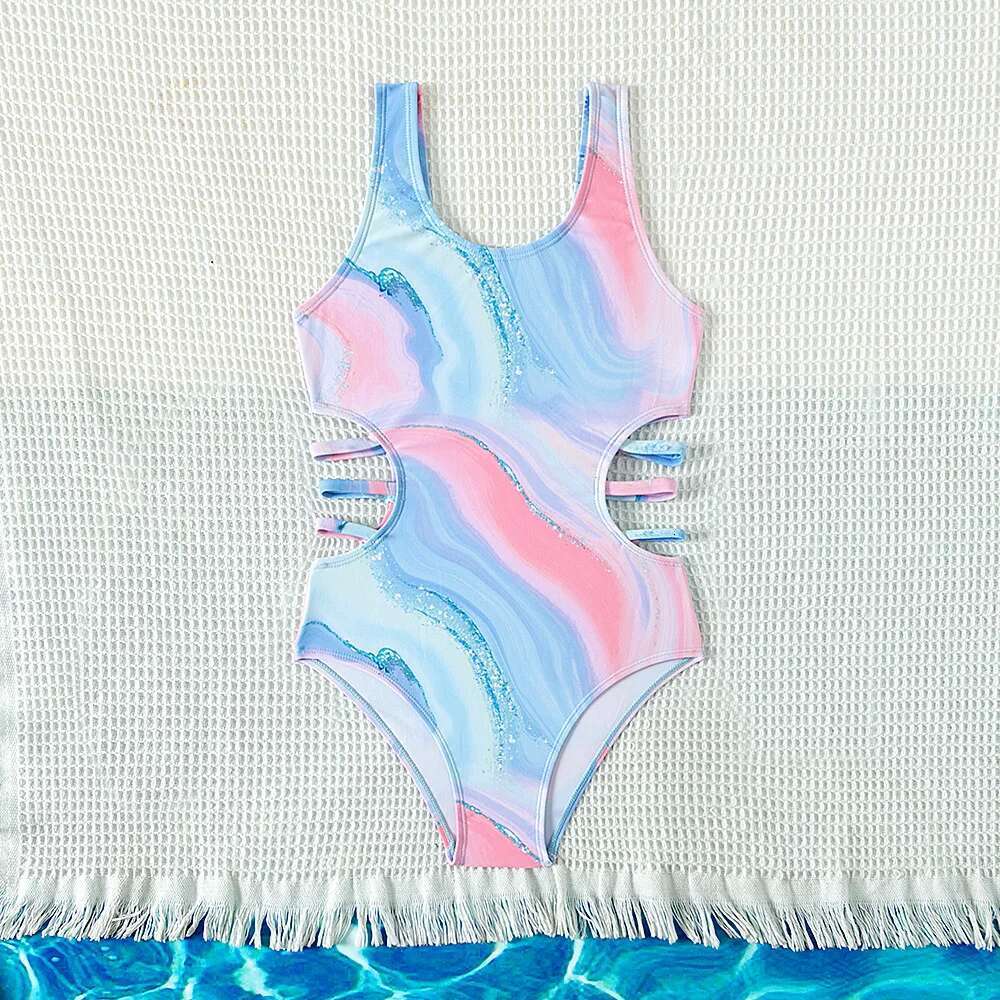 Children's printed one-piece swimsuit, new design, youth, blue swimsuit, swimsuit for ages 5 to 15