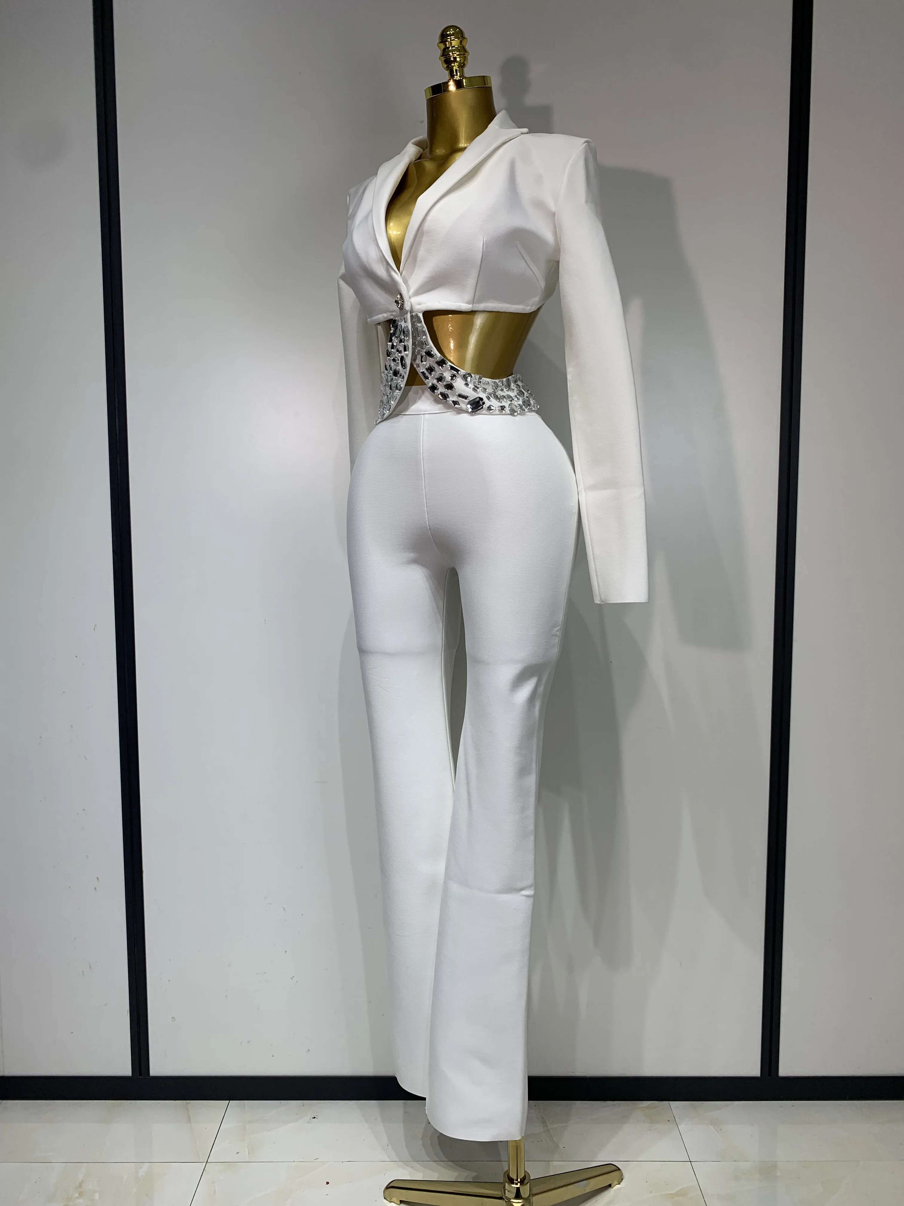 Women Sexy Long Sleeve Beading Bodycon Two Pieces Pants Bandage 2025 Celebrity Designer Fashion Women's Birthday Set