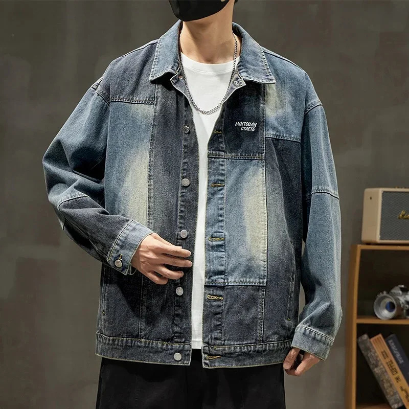mens retro letter ed denim jacket street fashion patch work Y2K aesthetic loose jeans 250312
