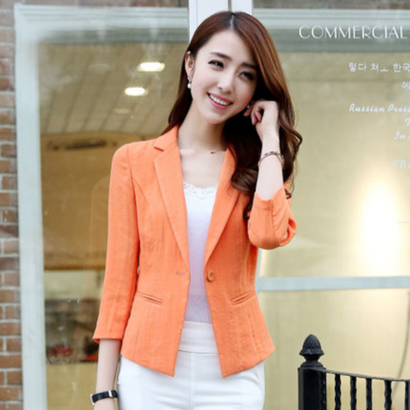 X313Cotton and Linen Women's Suit Jacket - Short Temperament Style with Three-Quarter Sleeves