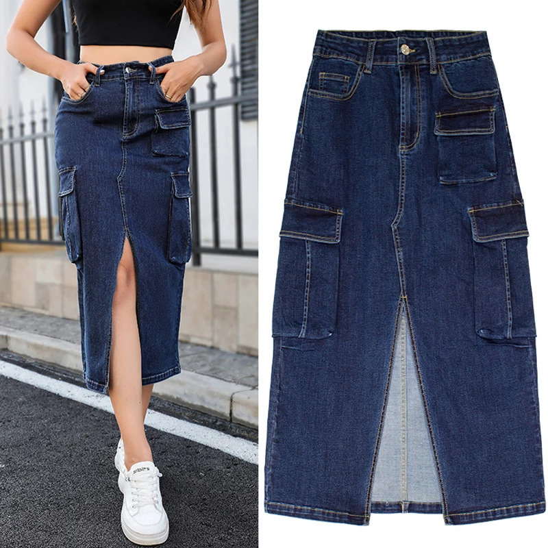 Cargo Denim Skirt Jeans Womens Elegant Multi Pocket Front Split Long Packaging Skirts Irregular Work Clothes Street Coat Set XS 250310