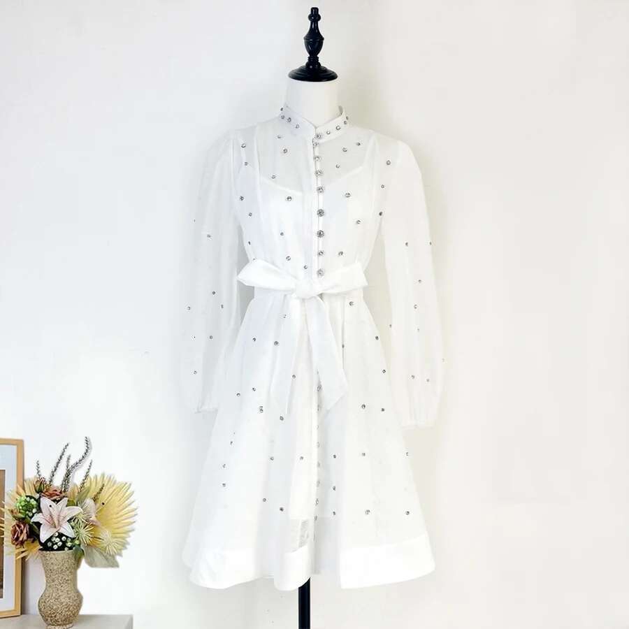 French Crystal Beaded Wedding Prom Mesh Dress Women Stand Long Lantern Sleeve Dia Buttons Belt Lace Up Mini Vestidos
