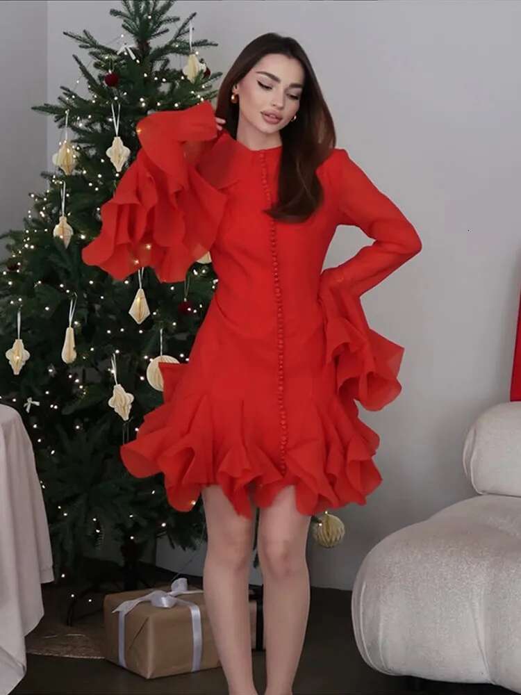 Vintage Flared Sleeve Puffy Mini Dress Women Elegant Waist-Cinching Single Breasted Slim Dresses Female Chic Party Holiday