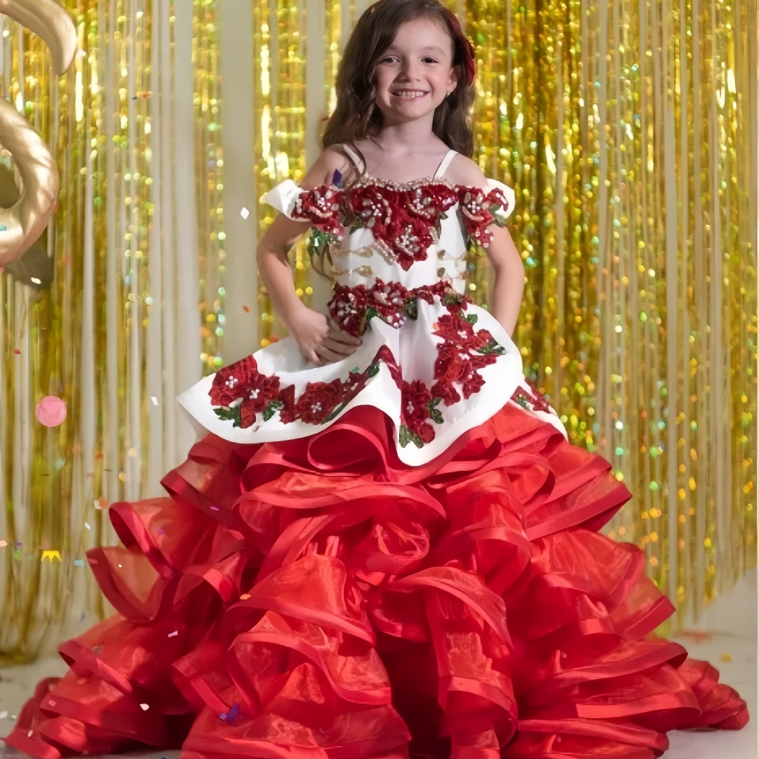 Charro Mexico Little Girls Pageant Dresses Crystal Beaded Red Floral Embroidery Ruffled Long Prom Formal Wear Kids Toddler Birthday Party Quinceanera 