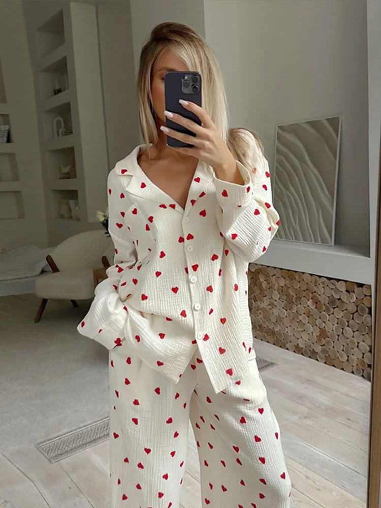 Womens twopiece set of pure cotton collar printed heartshaped full sleeved shirt loose waist pants womens spring pajamas 250313