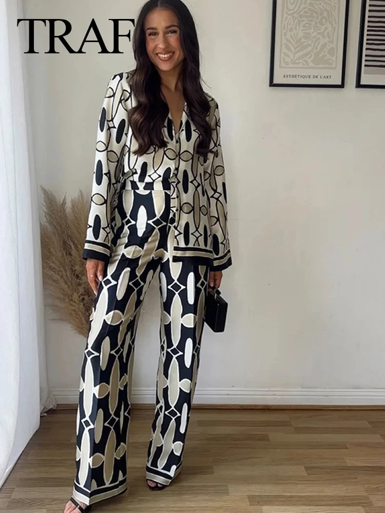 TRAFZA Womens Fashion Shirt and Pants Set Black White Printed Long Sleeve Single Chest TopElastic Waist Wide Leg 250313