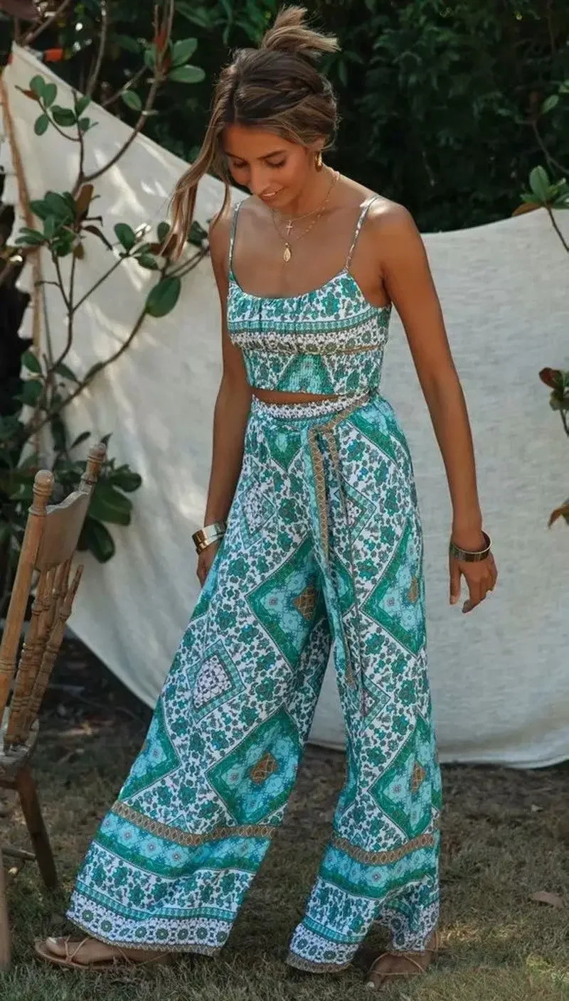 TEELYNN Wideleg Pants and Crop Top Suit Beach Bohemia Cotton Womens Summer Two Pieces Set Ladies Boho Floral Suits Casual 250313