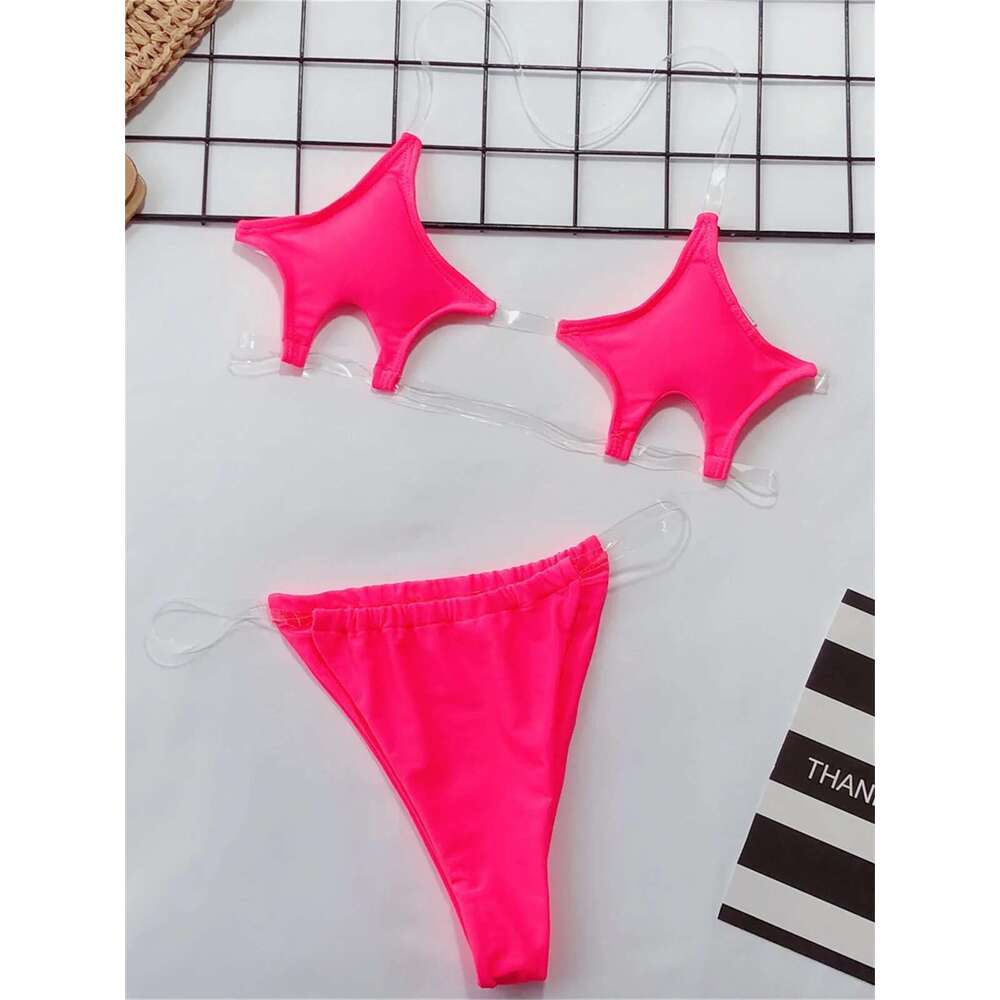 Women's transparent swimsuit, sexy mini bikini, pentagram design, neon transparent shoulder straps, tango underwear, 2024