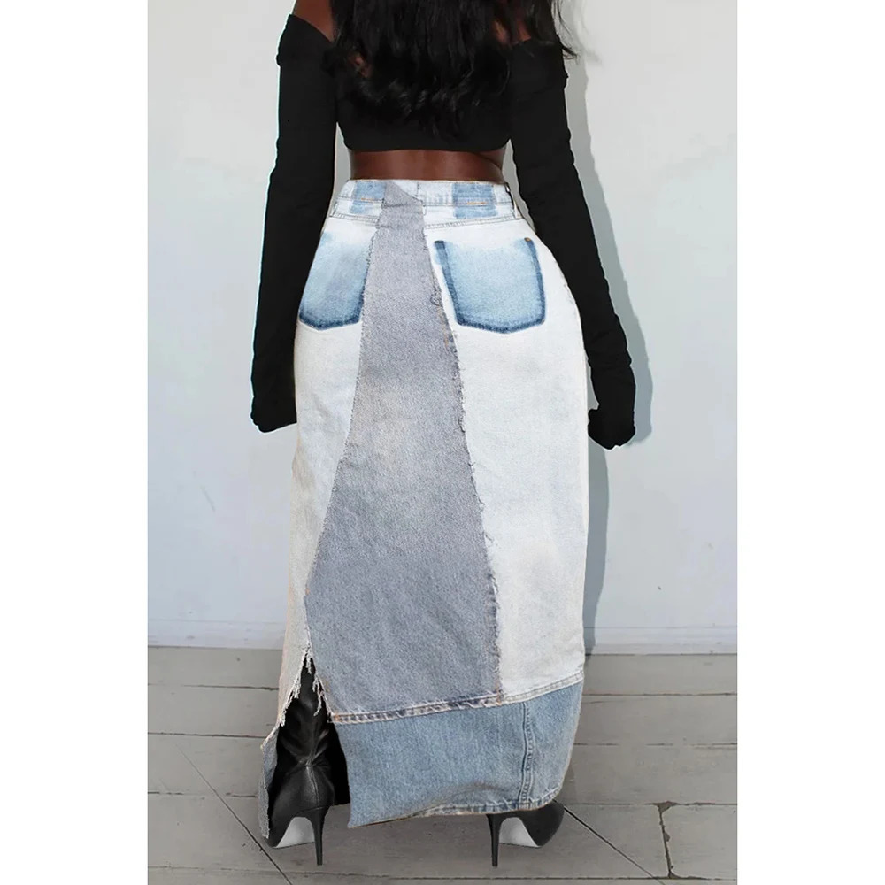 Plus Size Womens Casual Skirt Retro Short Denim Button Leg Slit Wrap 250310