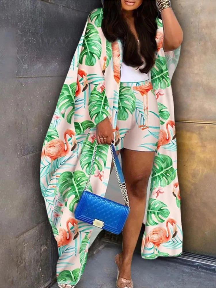 Fashion long sleeved cardiganshorts 2piece set for womens spring bohemian print loose vacation women 250313