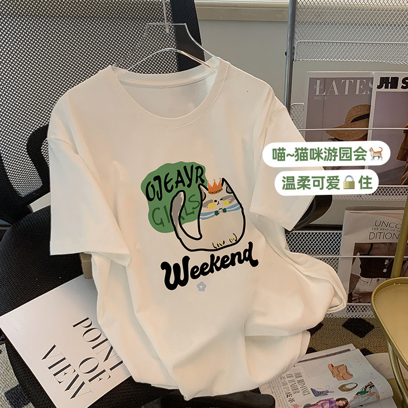 Pick Up Brand Counter Withdraws American Fun Cat Print Short Sleeved T-Shirt For Women