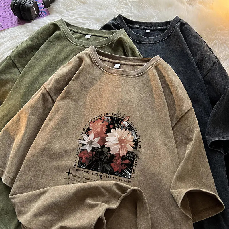Vintage Floral Graphic Tee Washed T Shirts Oversized Y2K Top High Street Style Printing Short Sleeve Tshirts Trend Couple Clothe 250312