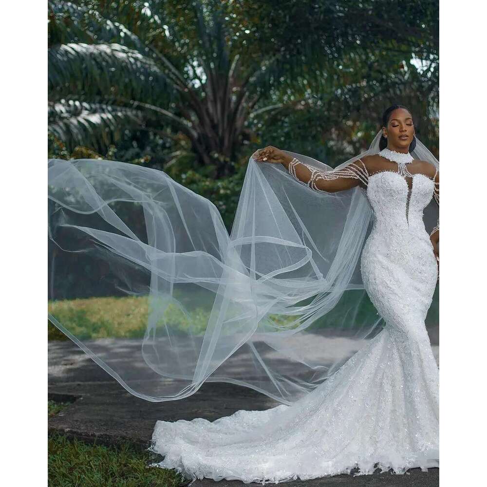 Customized african high neck bright lace beads mermaid dress for bride full sleeves garden style wedding dresses