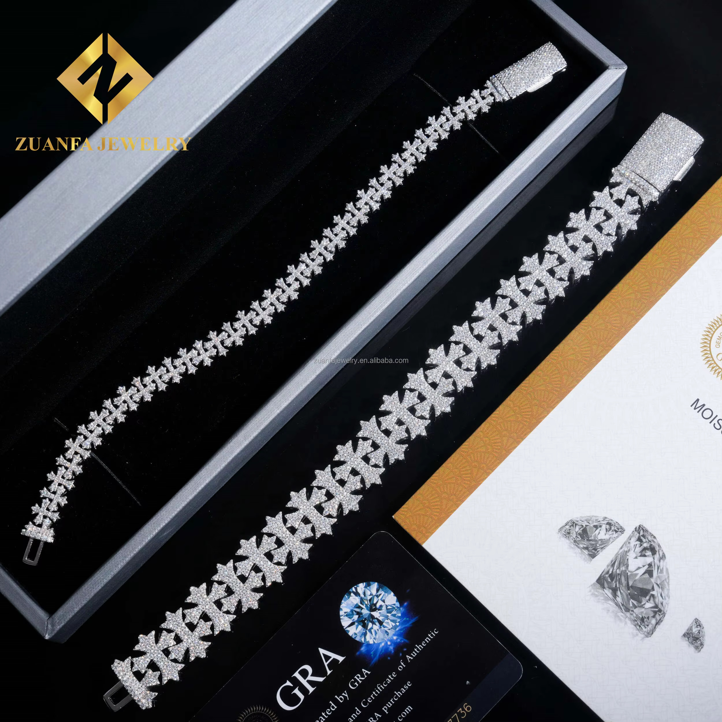 Unique Design Rapper Jewelry Luxury Iced Out Hip Hop Jewelry S925 Silver Moissanite Diamond Cross Shape Miami Cuban Bracelet