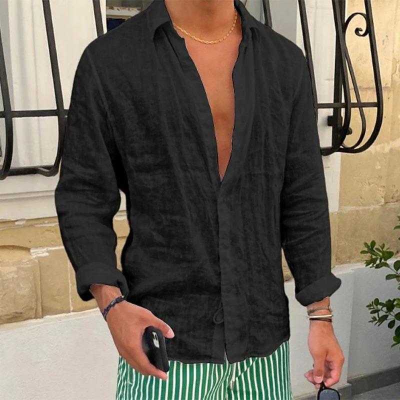 Spring casual linen shirt mens long sleeved button up and down lapel shirt seaside beach retro mens solid color cardigan 250314